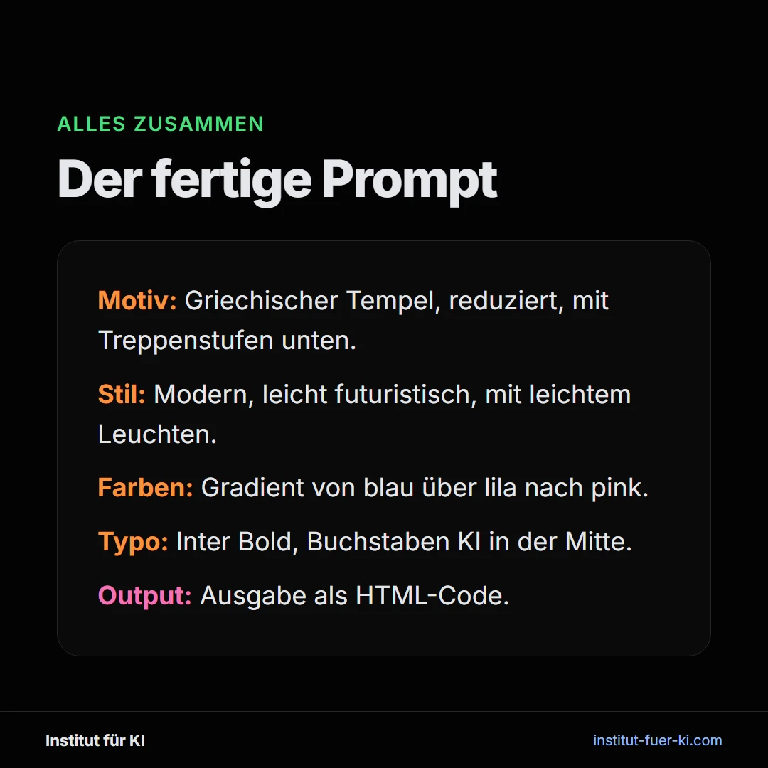 Aufbau eines Logo-Prompts mit Motiv, Stil, Farben, Typografie und HTML-Output für KI Logo erstellen